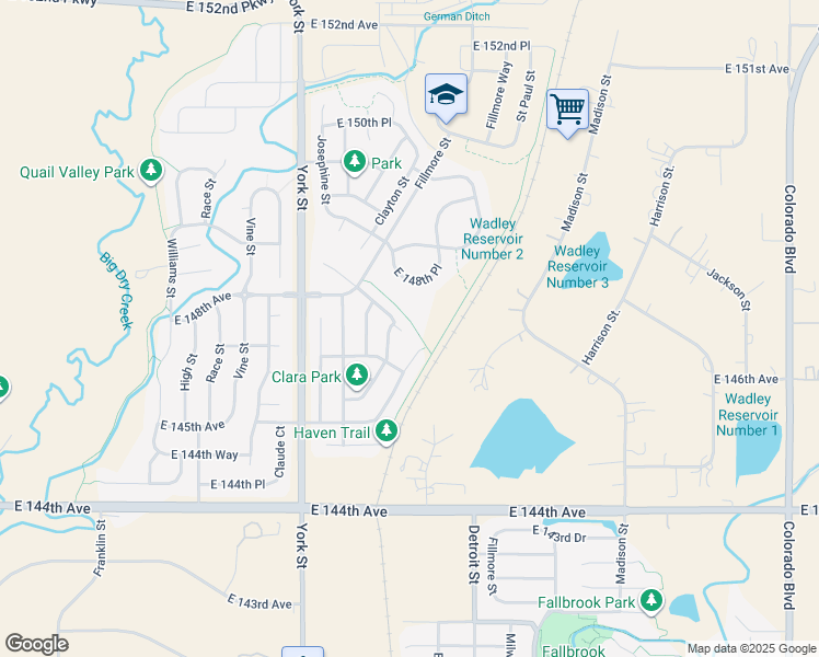 map of restaurants, bars, coffee shops, grocery stores, and more near 2705 East 148th Drive in Thornton
