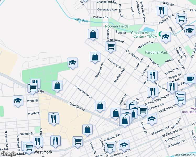 map of restaurants, bars, coffee shops, grocery stores, and more near 670 Maryland Avenue in York