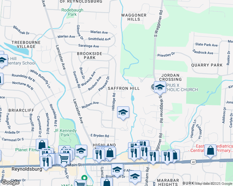 map of restaurants, bars, coffee shops, grocery stores, and more near 7469 Northfield Court in Reynoldsburg