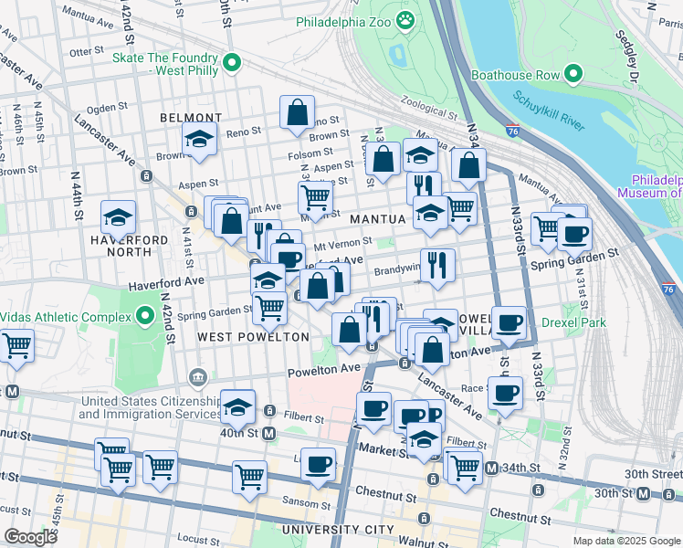 map of restaurants, bars, coffee shops, grocery stores, and more near 3839 Brandywine Street in Philadelphia