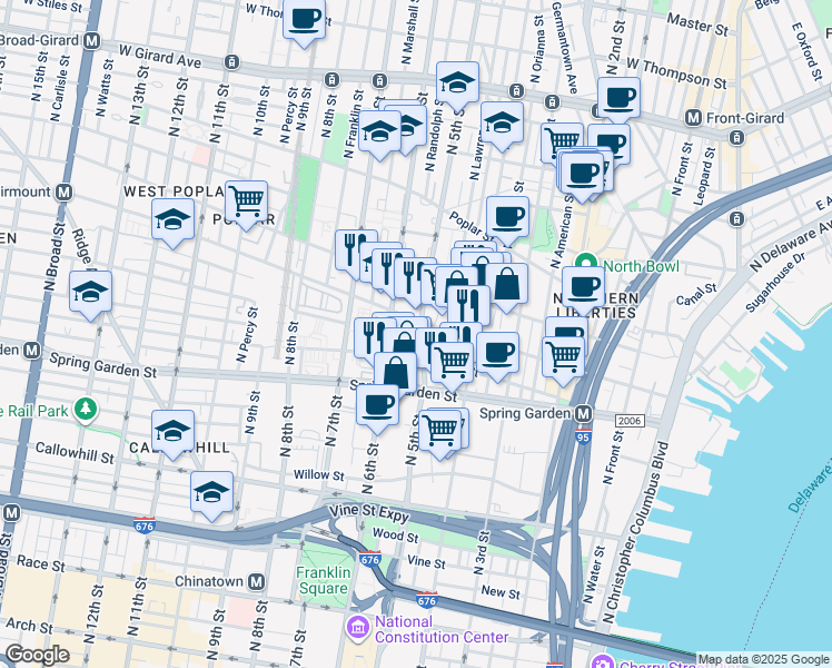map of restaurants, bars, coffee shops, grocery stores, and more near 632 North 5th Street in Philadelphia