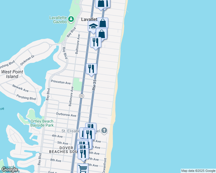 map of restaurants, bars, coffee shops, grocery stores, and more near 11 Princeton Avenue in Lavallette