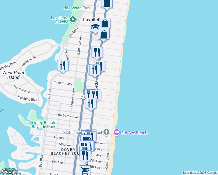 map of restaurants, bars, coffee shops, grocery stores, and more near 9 Princeton Avenue in Lavallette