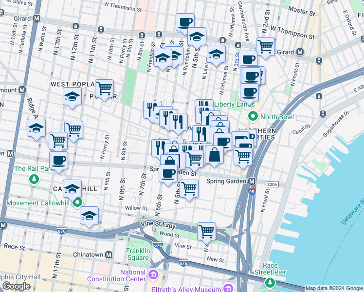 map of restaurants, bars, coffee shops, grocery stores, and more near 621 North 5th Street in Philadelphia