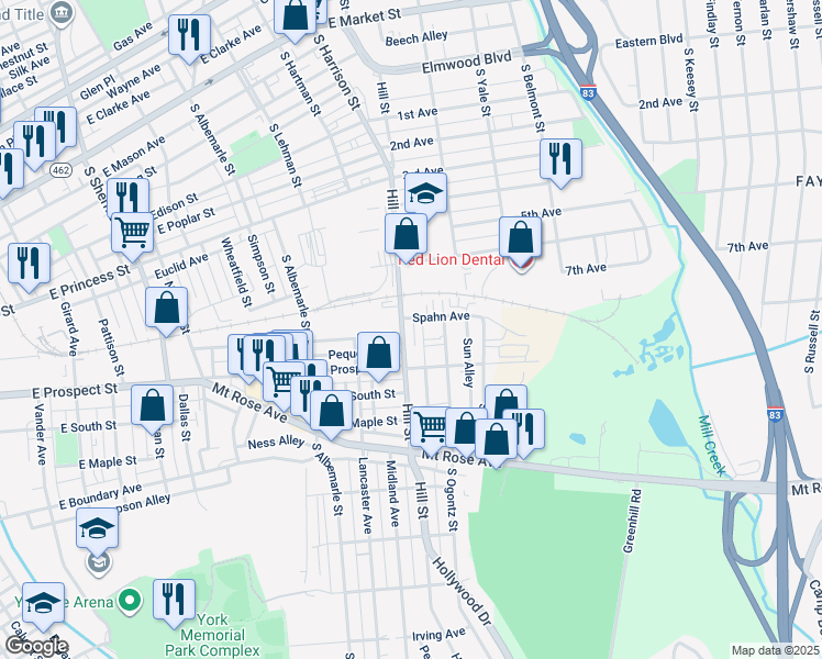 map of restaurants, bars, coffee shops, grocery stores, and more near 401 Hill Street in York