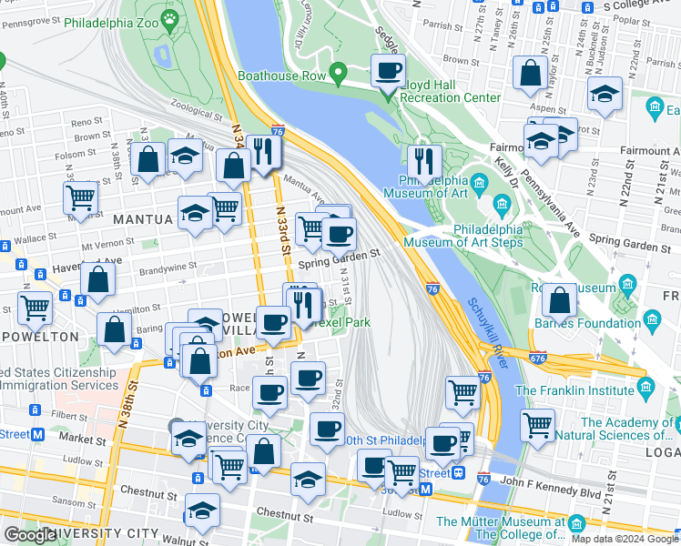 map of restaurants, bars, coffee shops, grocery stores, and more near 436 North 31st Street in Philadelphia