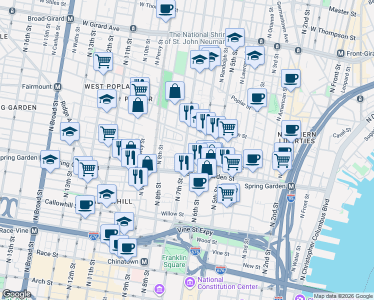 map of restaurants, bars, coffee shops, grocery stores, and more near 635 North 7th Street in Philadelphia