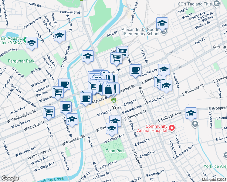 map of restaurants, bars, coffee shops, grocery stores, and more near in York