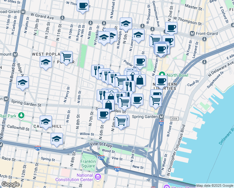 map of restaurants, bars, coffee shops, grocery stores, and more near 621 North 5th Street in Philadelphia