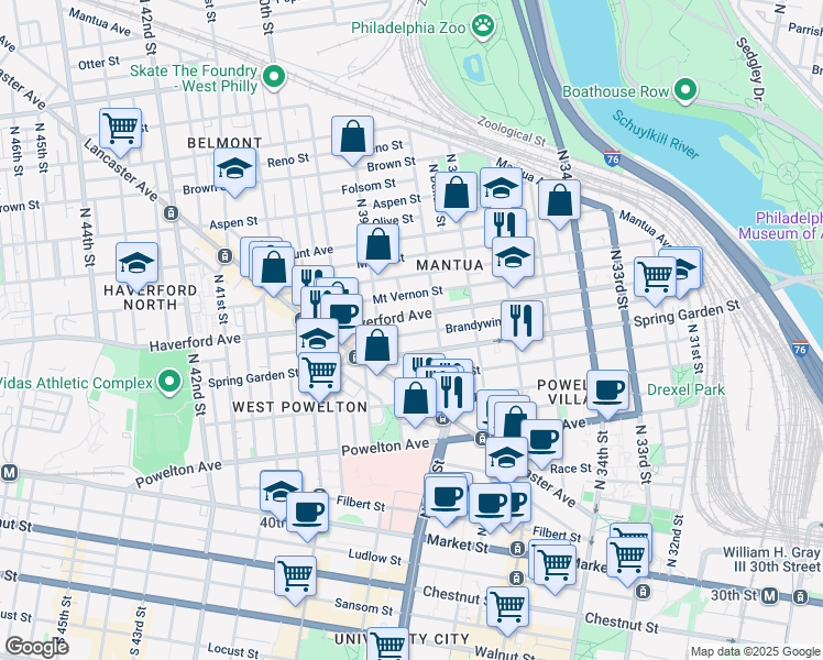 map of restaurants, bars, coffee shops, grocery stores, and more near 3833 Brandywine Street in Philadelphia