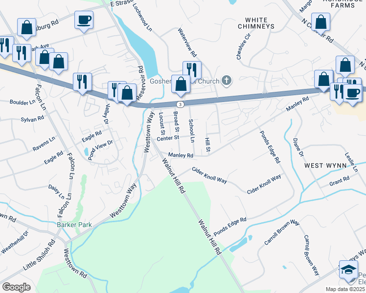map of restaurants, bars, coffee shops, grocery stores, and more near 25 Broad Street in West Chester