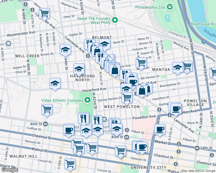 map of restaurants, bars, coffee shops, grocery stores, and more near 4051 Haverford Avenue in Philadelphia