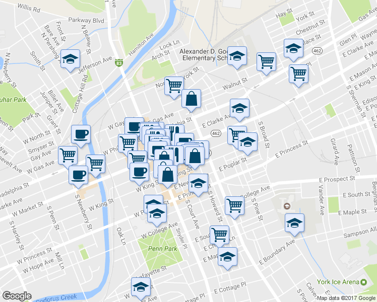 map of restaurants, bars, coffee shops, grocery stores, and more near 116 East Market Street in York