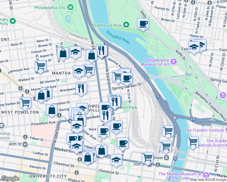 map of restaurants, bars, coffee shops, grocery stores, and more near 3222 Spring Garden Street in Philadelphia