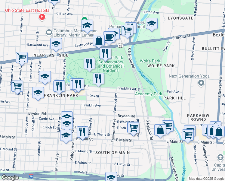 map of restaurants, bars, coffee shops, grocery stores, and more near 1773 Franklin Park S in Columbus