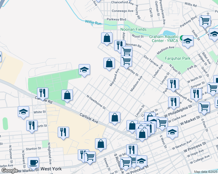 map of restaurants, bars, coffee shops, grocery stores, and more near 665 Maryland Avenue in York