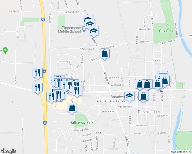 map of restaurants, bars, coffee shops, grocery stores, and more near 138 Maynard Drive in Tipp City