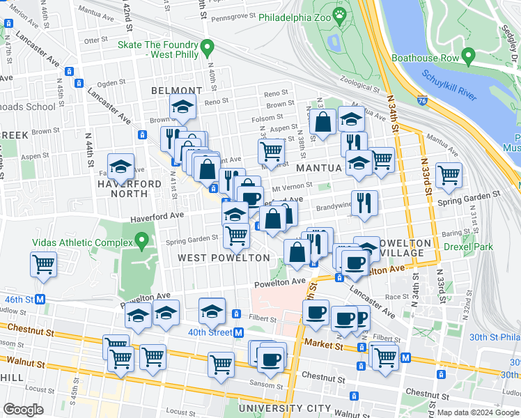 map of restaurants, bars, coffee shops, grocery stores, and more near 3924 Haverford Avenue in Philadelphia