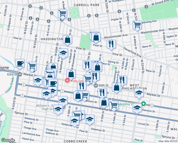 map of restaurants, bars, coffee shops, grocery stores, and more near 5653 Arch Street in Philadelphia