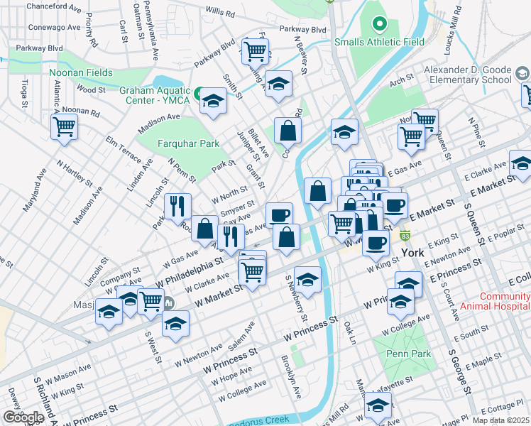 map of restaurants, bars, coffee shops, grocery stores, and more near 147 North Newberry Street in York