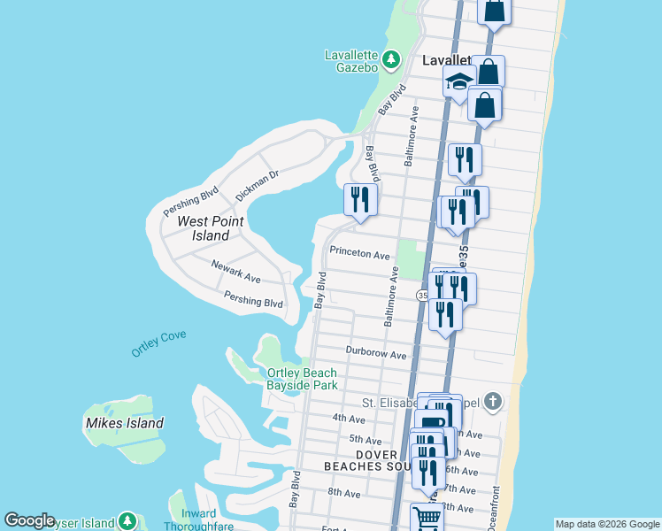 map of restaurants, bars, coffee shops, grocery stores, and more near 143 Elizabeth Avenue in Lavallette
