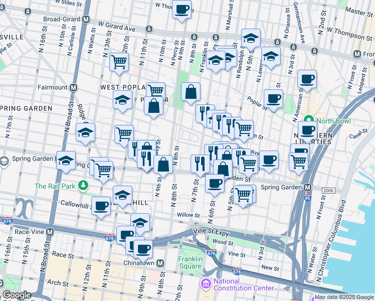 map of restaurants, bars, coffee shops, grocery stores, and more near 700 Wallace Street in Philadelphia