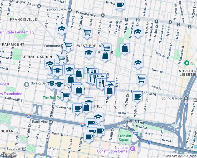 map of restaurants, bars, coffee shops, grocery stores, and more near 612 North 10th Street in Philadelphia
