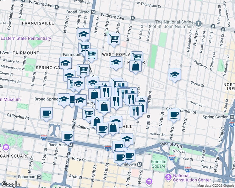 map of restaurants, bars, coffee shops, grocery stores, and more near 602 North 11th Street in Philadelphia