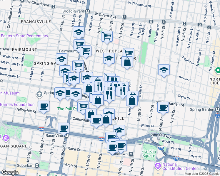 map of restaurants, bars, coffee shops, grocery stores, and more near 602 North 11th Street in Philadelphia