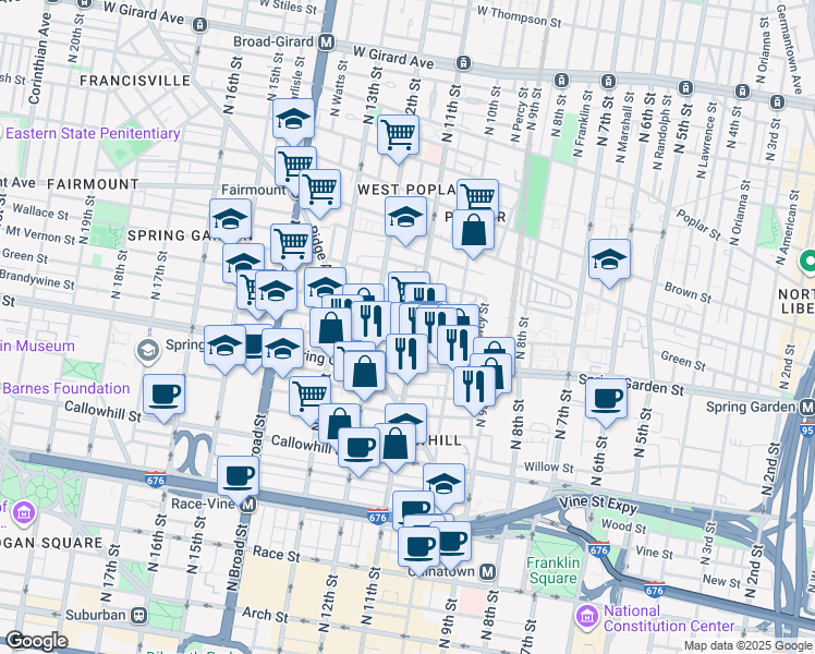 map of restaurants, bars, coffee shops, grocery stores, and more near 602 North 11th Street in Philadelphia