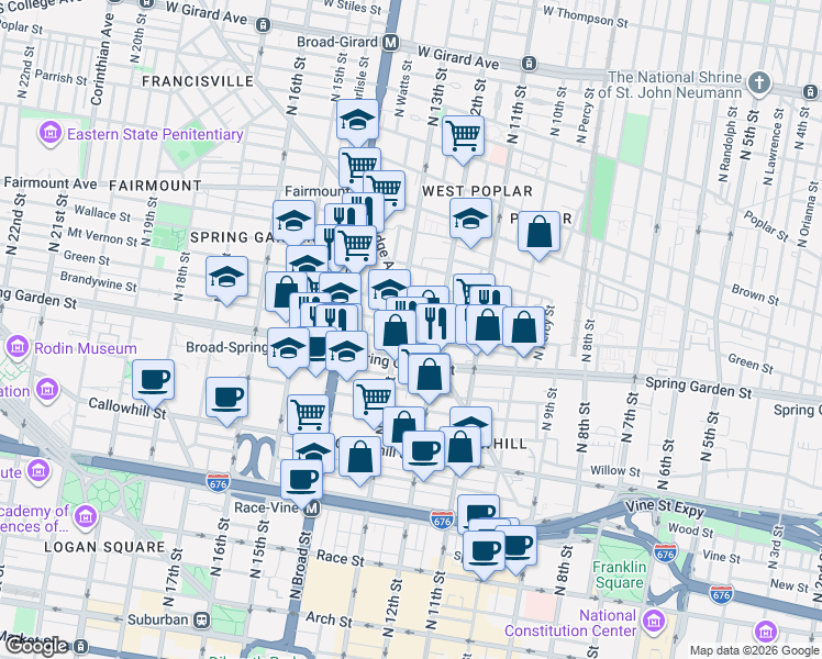 map of restaurants, bars, coffee shops, grocery stores, and more near 542 North 13th Street in Philadelphia