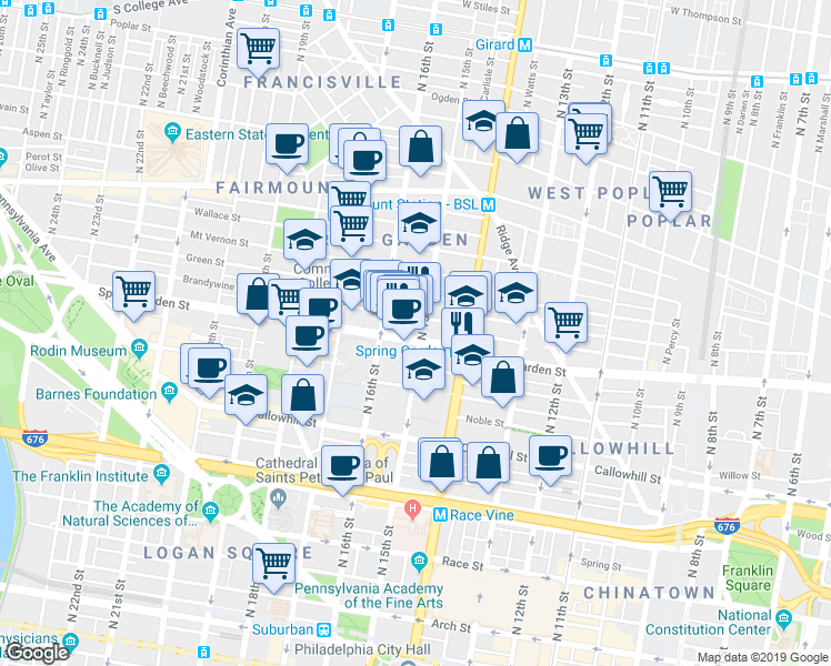 map of restaurants, bars, coffee shops, grocery stores, and more near 1515 Spring Garden Street in Philadelphia