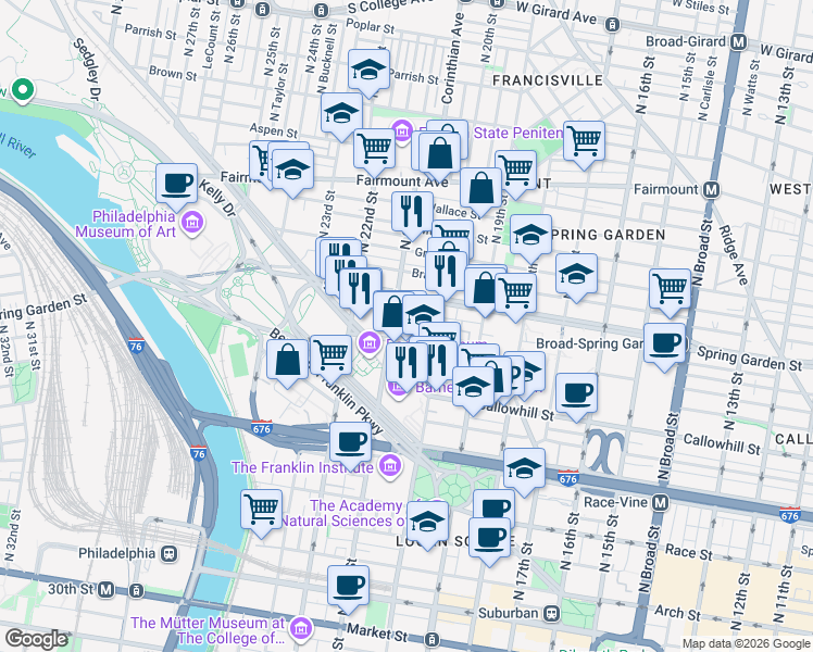 map of restaurants, bars, coffee shops, grocery stores, and more near 2001 Hamilton Street in Philadelphia