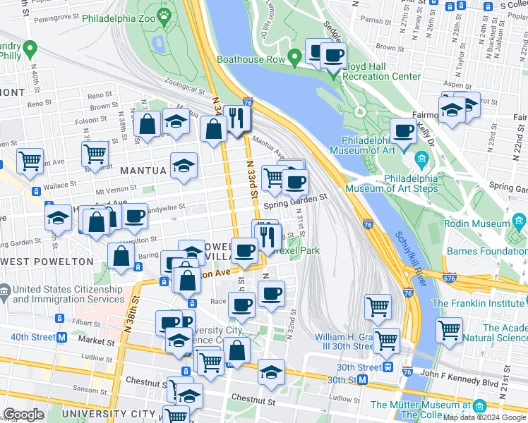 map of restaurants, bars, coffee shops, grocery stores, and more near 438 North 32nd Street in Philadelphia