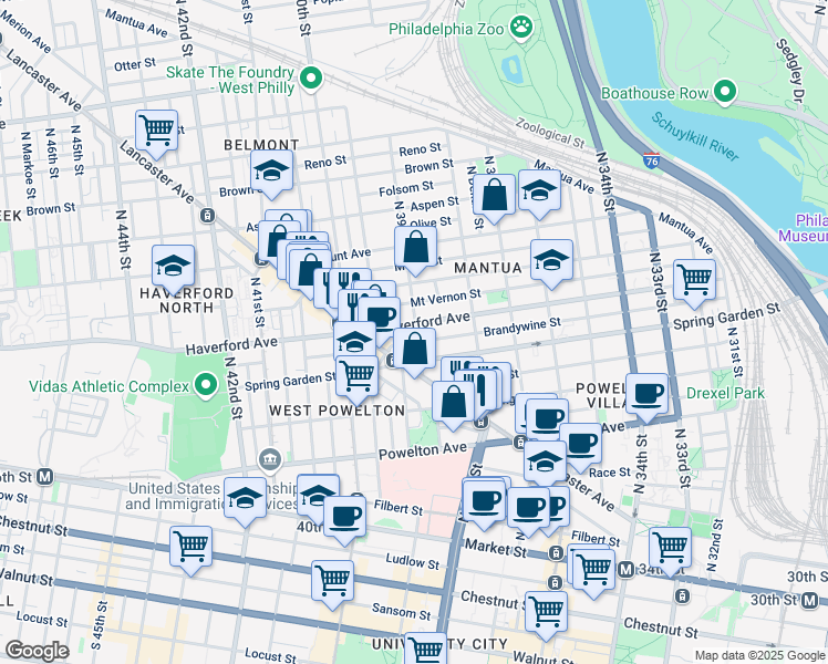 map of restaurants, bars, coffee shops, grocery stores, and more near 3860 Haverford Avenue in Philadelphia