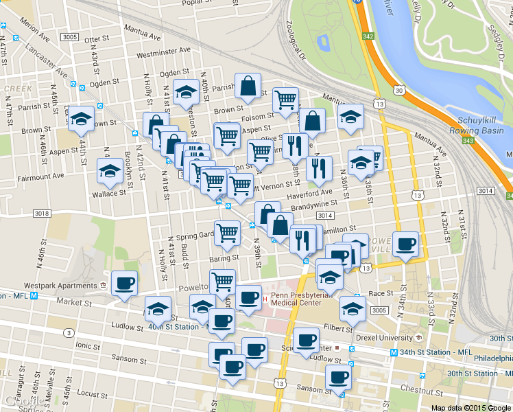 map of restaurants, bars, coffee shops, grocery stores, and more near 3860 Haverford Avenue in Philadelphia
