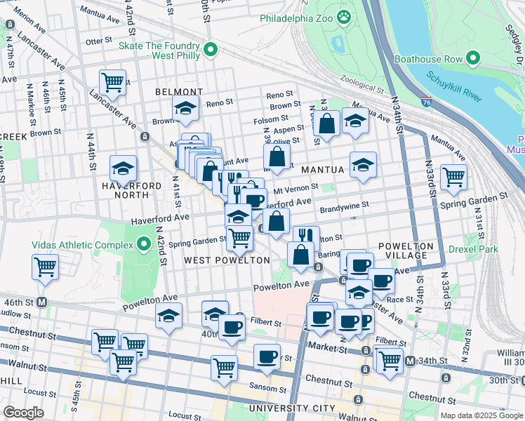 map of restaurants, bars, coffee shops, grocery stores, and more near 3940 Haverford Avenue in Philadelphia