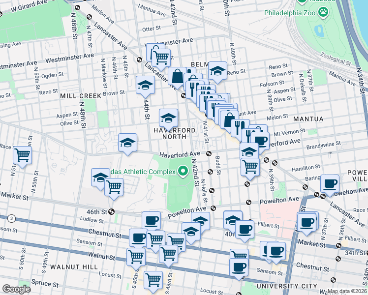 map of restaurants, bars, coffee shops, grocery stores, and more near 1100 Pennsylvania 3 in West Chester