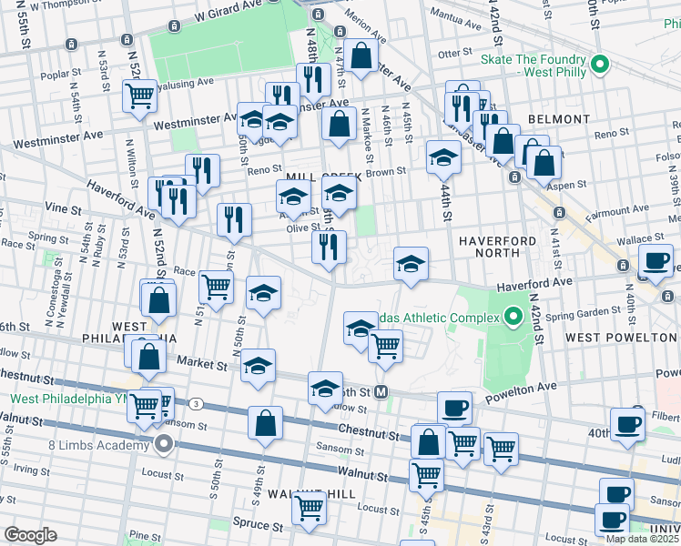 map of restaurants, bars, coffee shops, grocery stores, and more near 618 Moss Street in Philadelphia