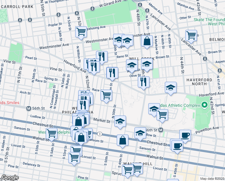 map of restaurants, bars, coffee shops, grocery stores, and more near 210 North 50th Street in Philadelphia