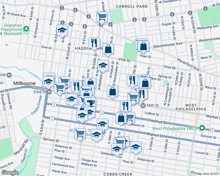 map of restaurants, bars, coffee shops, grocery stores, and more near 5812 Arch Street in Philadelphia