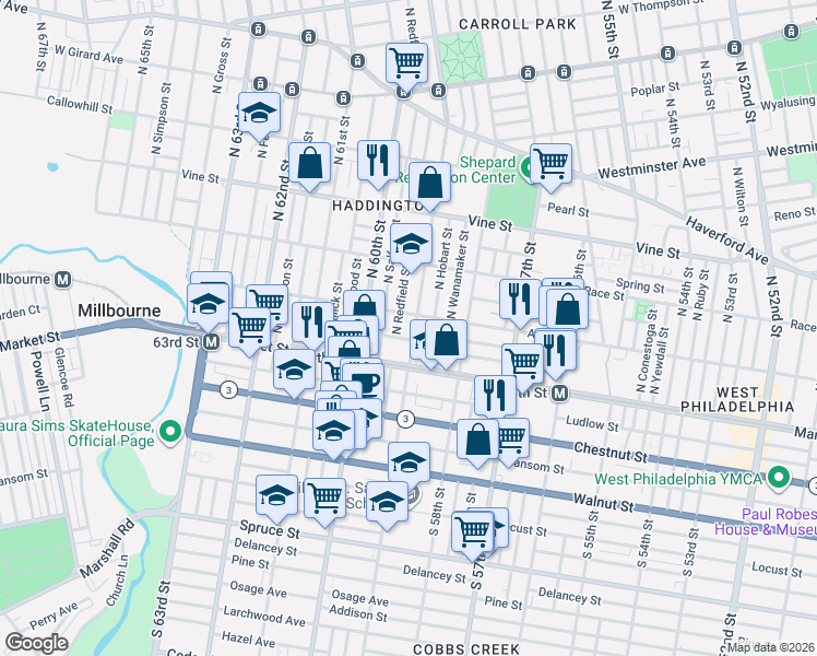 map of restaurants, bars, coffee shops, grocery stores, and more near 20 North 59th Street in Philadelphia