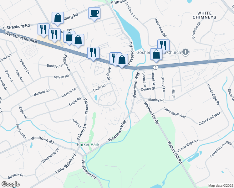 map of restaurants, bars, coffee shops, grocery stores, and more near 809 Valley Drive in West Chester