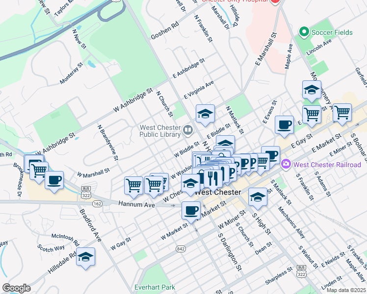 map of restaurants, bars, coffee shops, grocery stores, and more near 406 North Church Street in West Chester