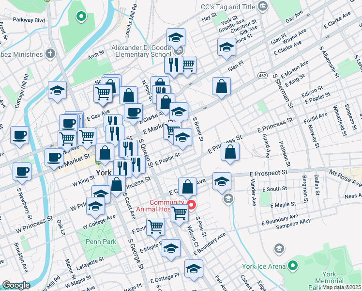 map of restaurants, bars, coffee shops, grocery stores, and more near in York