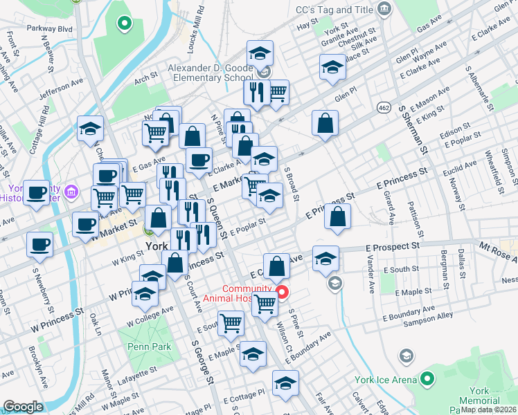 map of restaurants, bars, coffee shops, grocery stores, and more near in York