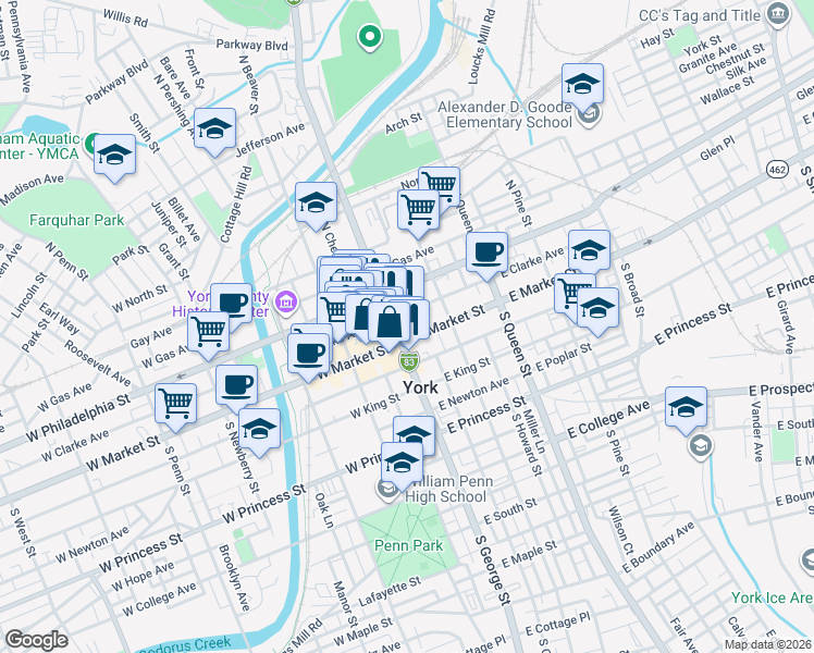 map of restaurants, bars, coffee shops, grocery stores, and more near in York