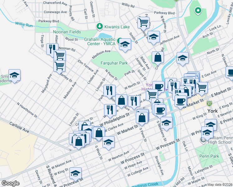 map of restaurants, bars, coffee shops, grocery stores, and more near 215 Park Place in York