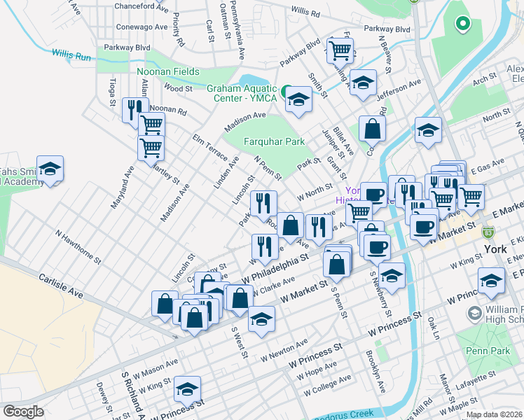 map of restaurants, bars, coffee shops, grocery stores, and more near 255 Roosevelt Avenue in York