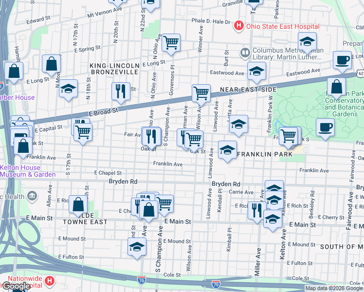 map of restaurants, bars, coffee shops, grocery stores, and more near 1200 Oak Street in Columbus